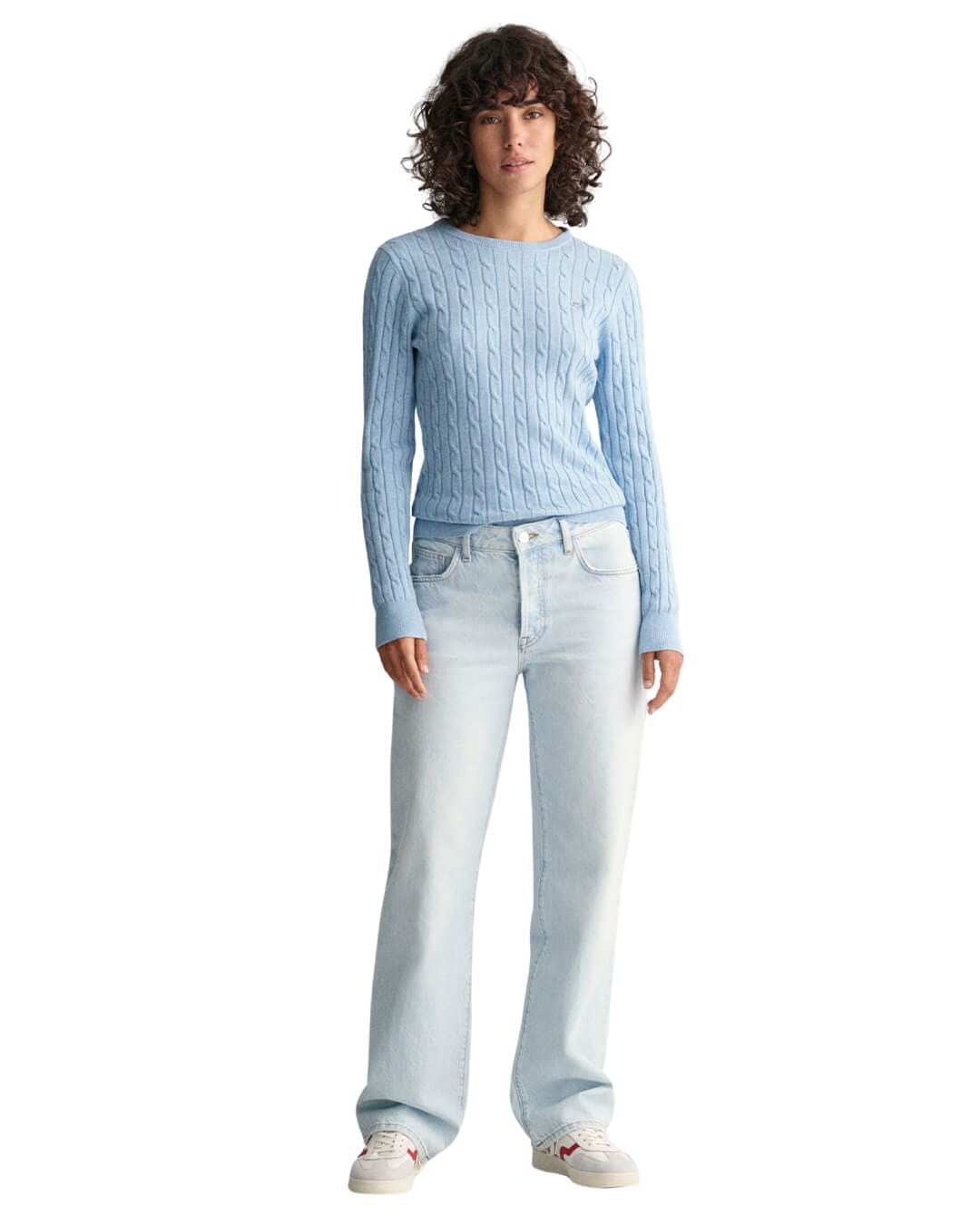 Gant Jumpers Gant Sky Blue Stretch Cotton Cable Knit Crew Neck Sweater