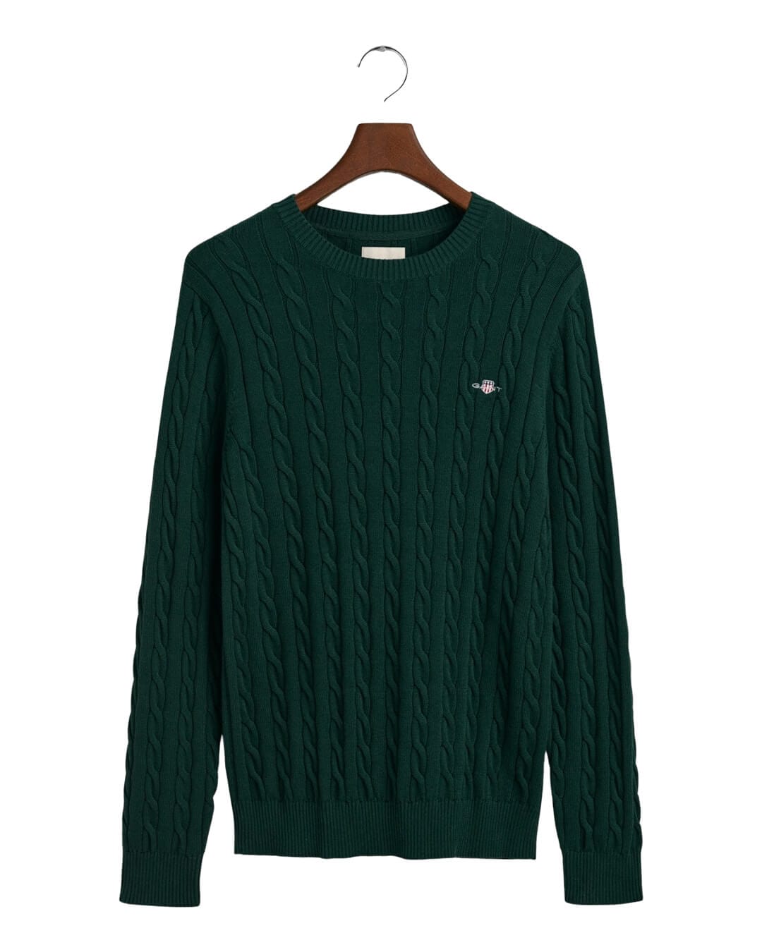 Gant Jumpers Gant Tartan Green Cotton Cable Knit Crew Neck Sweater