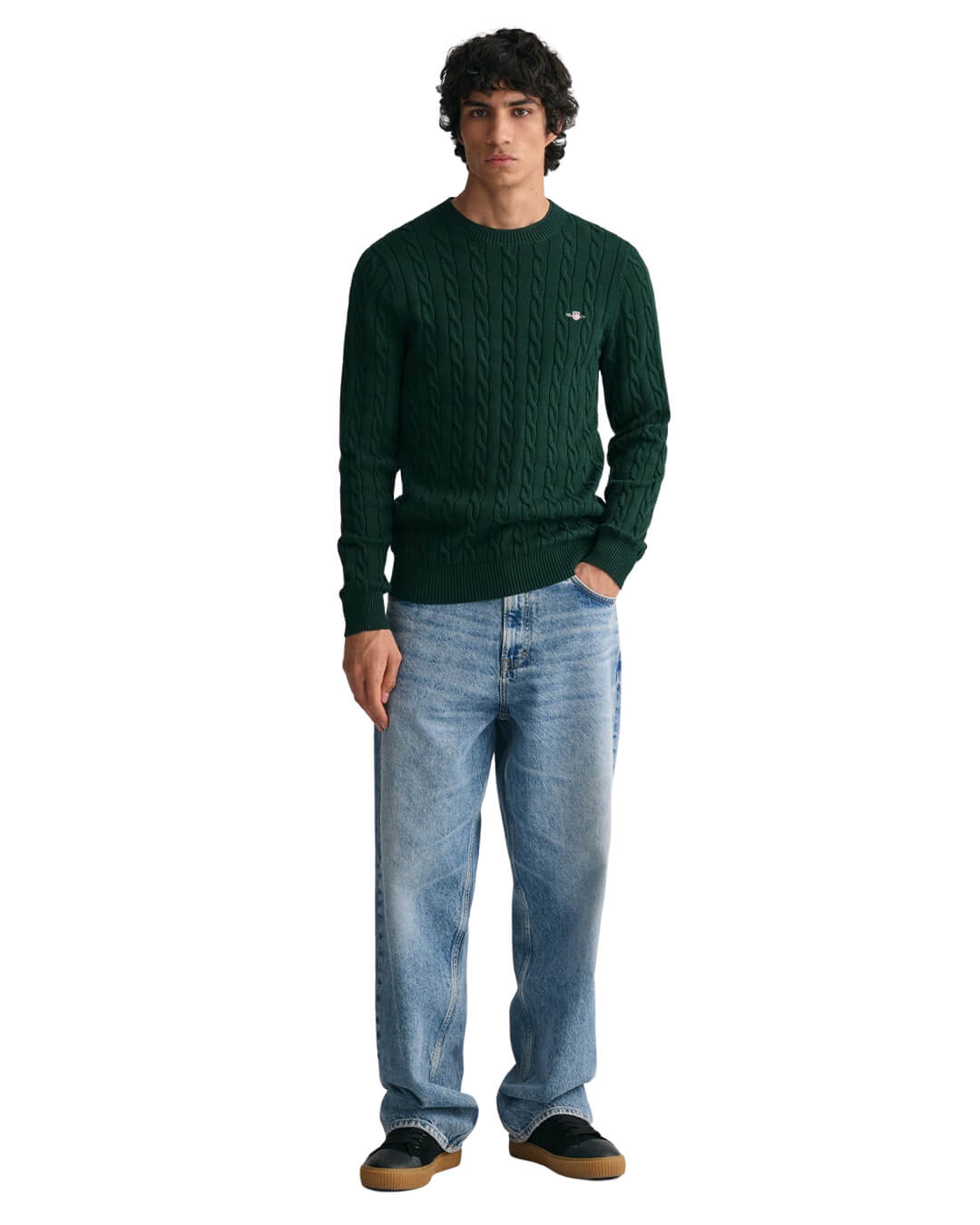 Gant Jumpers Gant Tartan Green Cotton Cable Knit Crew Neck Sweater