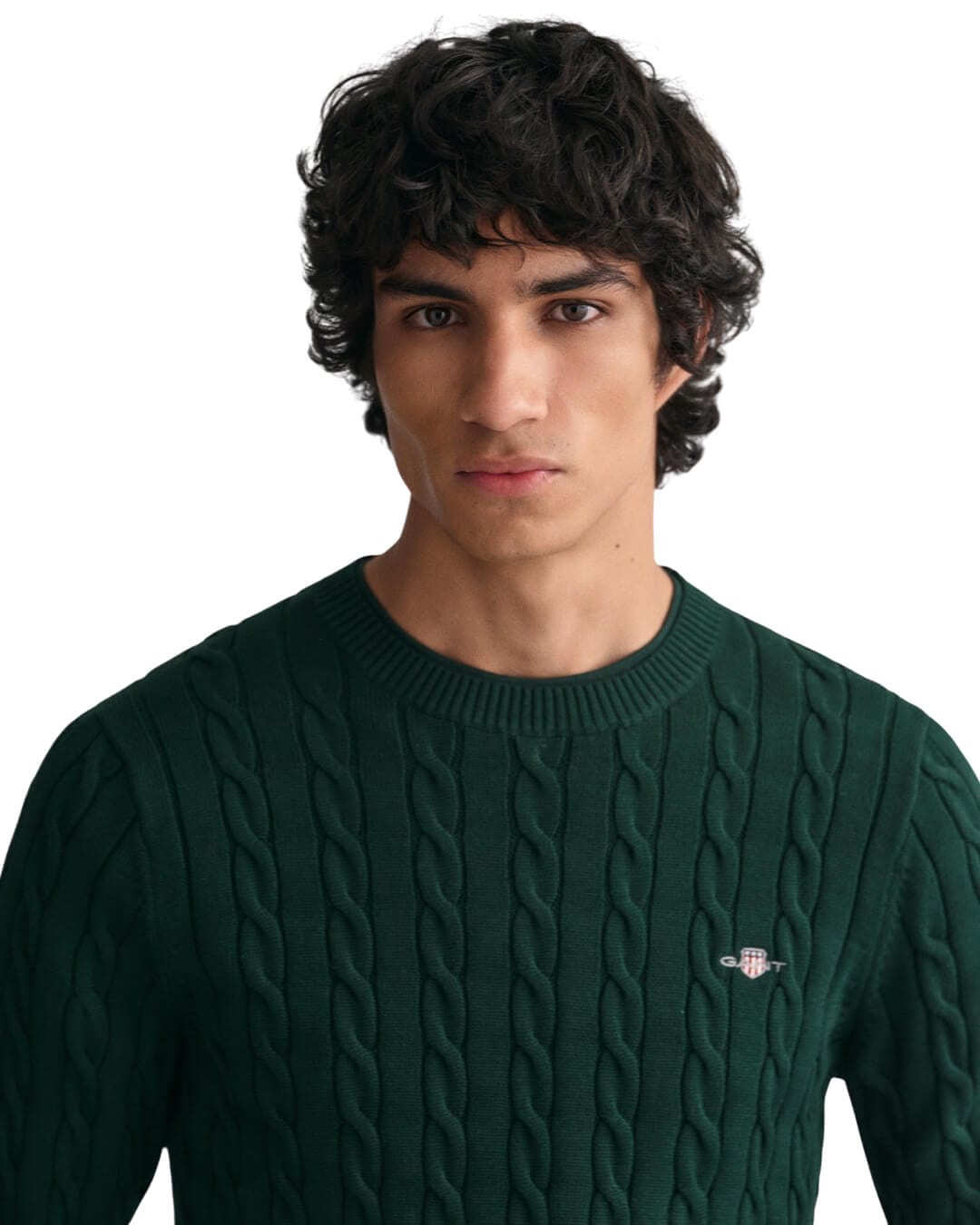 Gant Jumpers Gant Tartan Green Cotton Cable Knit Crew Neck Sweater