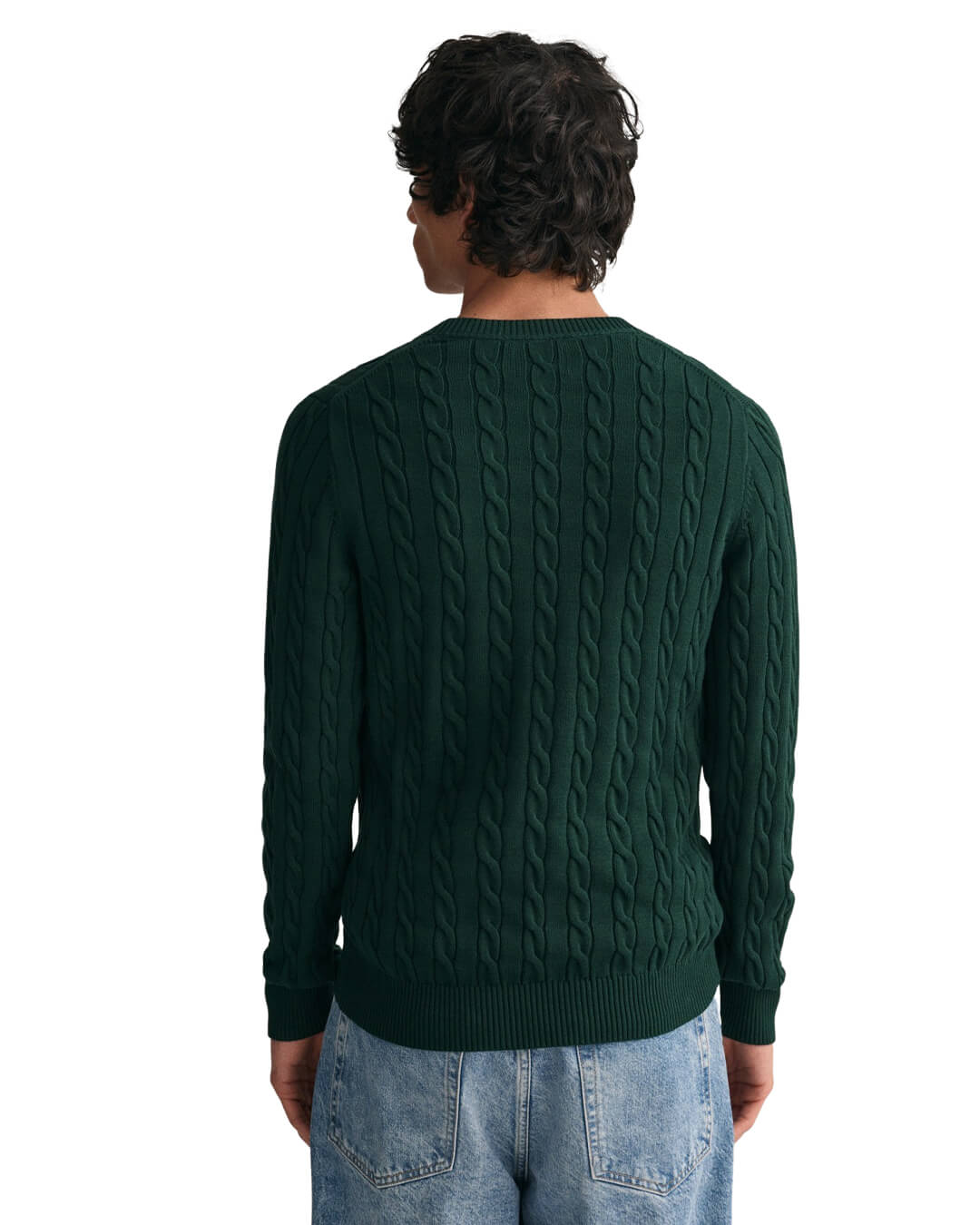 Gant Jumpers Gant Tartan Green Cotton Cable Knit Crew Neck Sweater