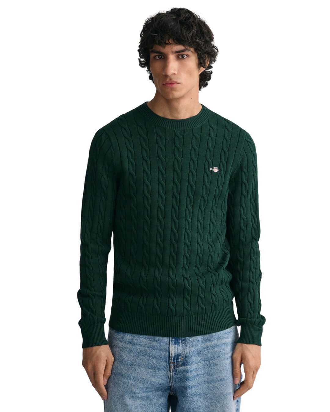 Gant Jumpers Gant Tartan Green Cotton Cable Knit Crew Neck Sweater