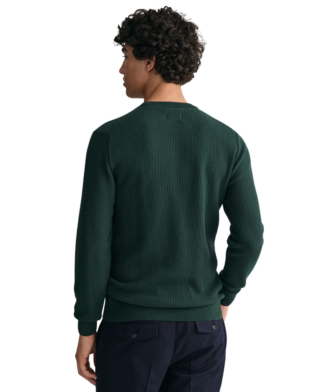 Gant Jumpers Gant Tartan Green Micro Cotton Textured Crew Neck Sweater
