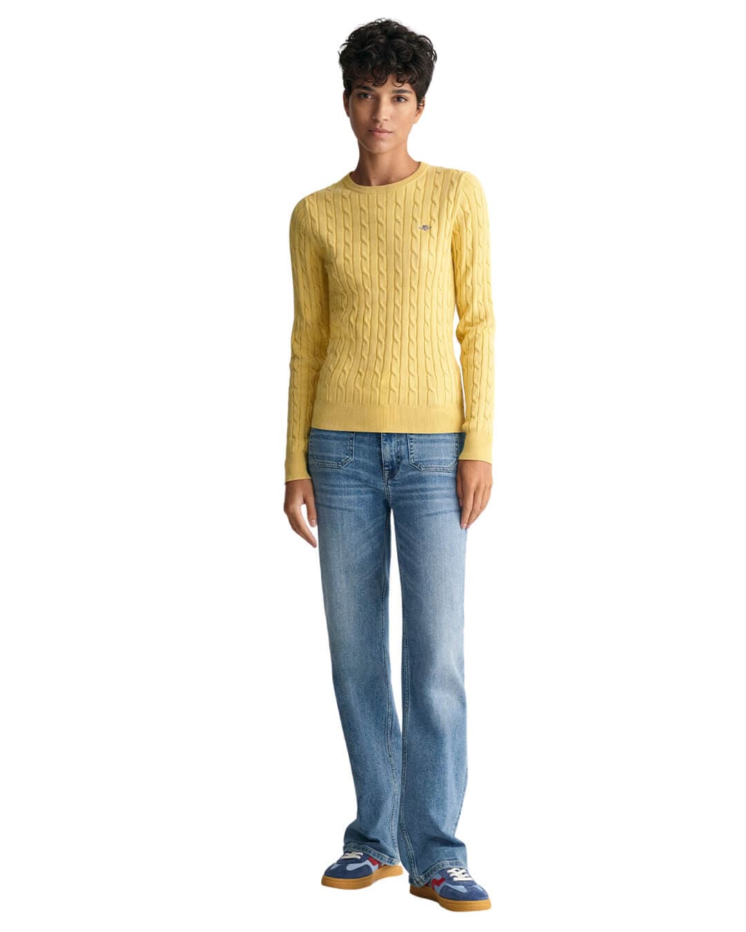 Gant Jumpers Gant Yellow Stretch Cotton Cable Knit Crew Neck Sweater
