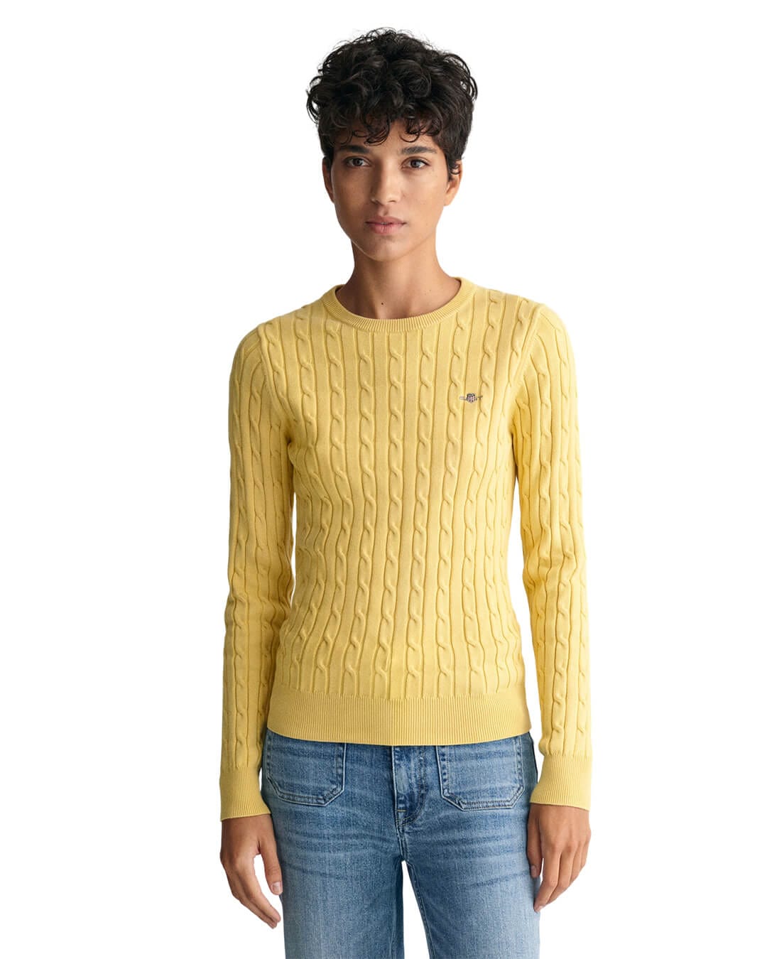 Gant Jumpers Gant Yellow Stretch Cotton Cable Knit Crew Neck Sweater