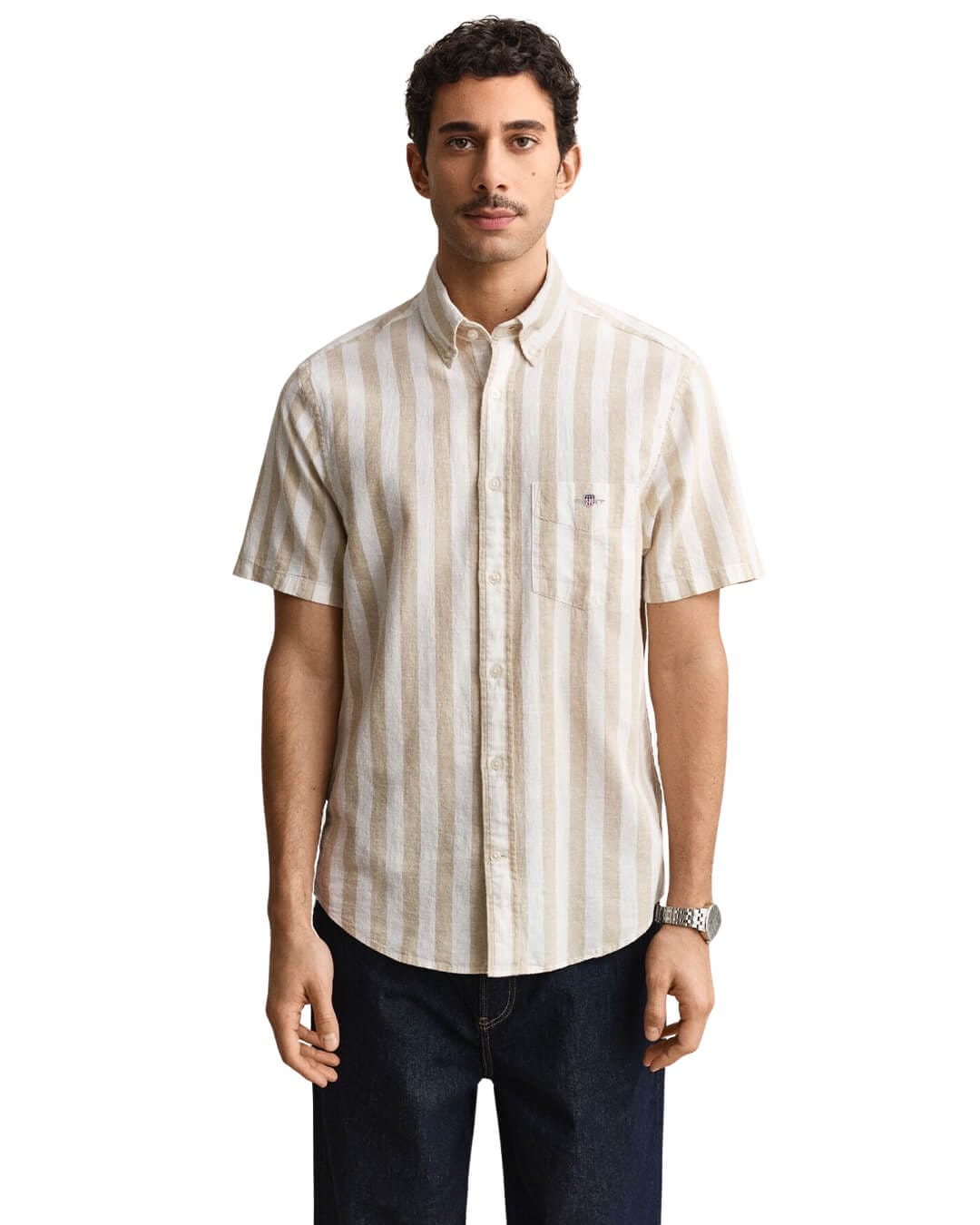 Gant Shirts Gant Beige Reg Cotton Linen Stripe Shirt
