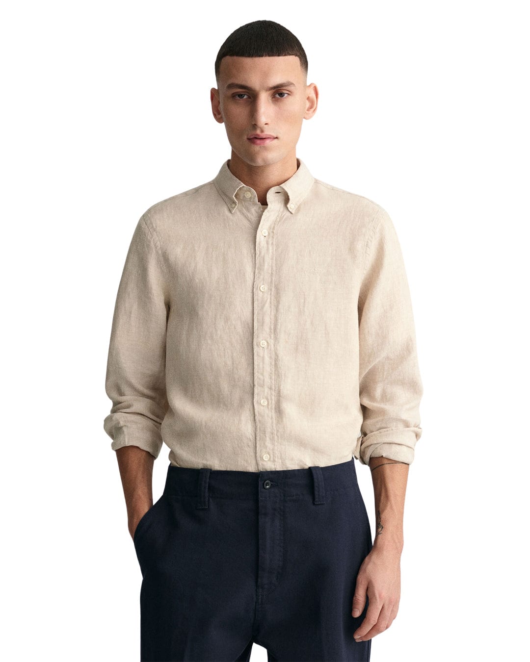 Gant Shirts Gant Beige Slim Fit Linen Long Sleeved Shirt