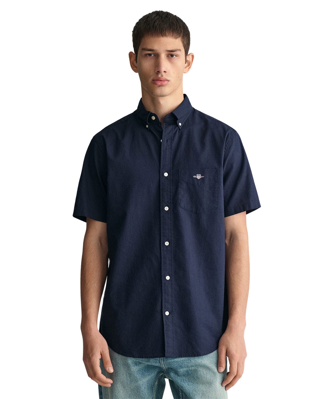 Gant Shirts Gant Navy Regular Cotton Linen Short Sleeved Shirt