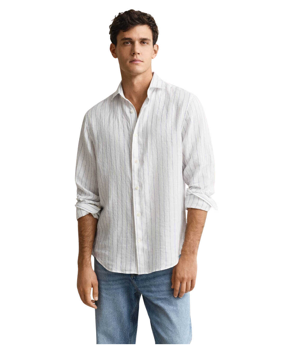 Gant Shirts Gant White Reg Linen Stripe  Shirt