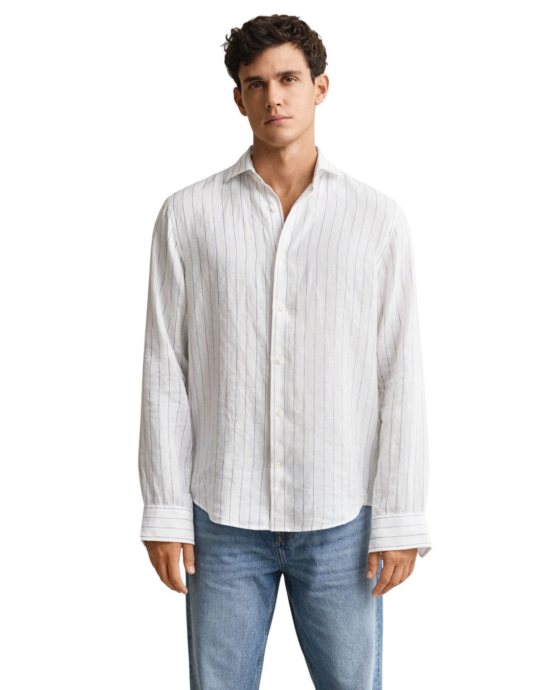 Gant Shirts Gant White Reg Linen Stripe  Shirt