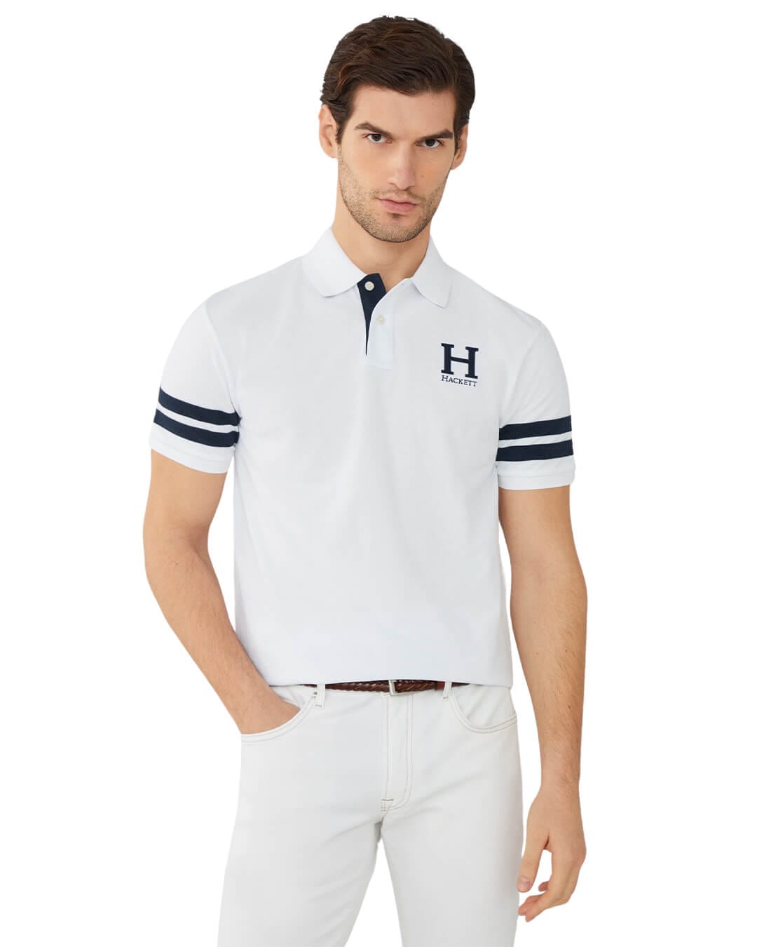 Hackett Polo Shirts Hackett White Heritage Striped Sleeve Polo Shirt