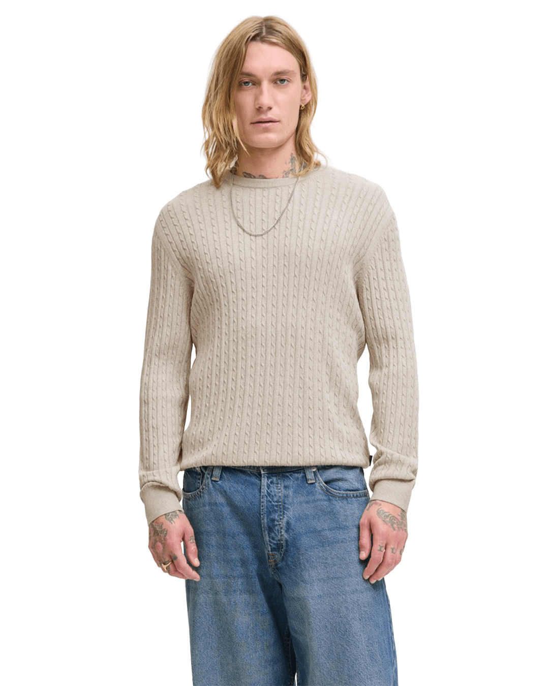 Jack & Jones Jumpers Jack & Jones Grey Emil Cable Knit Crew Neck Jumper