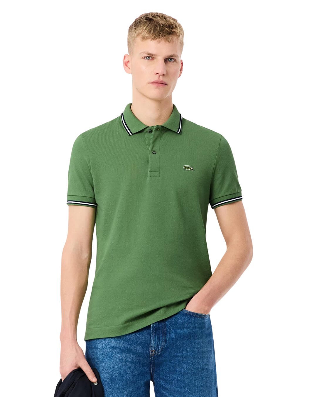 Lacoste Polo Shirts Lacoste Green Men'S Regular Fit Stripe Collar  Polo Shirt