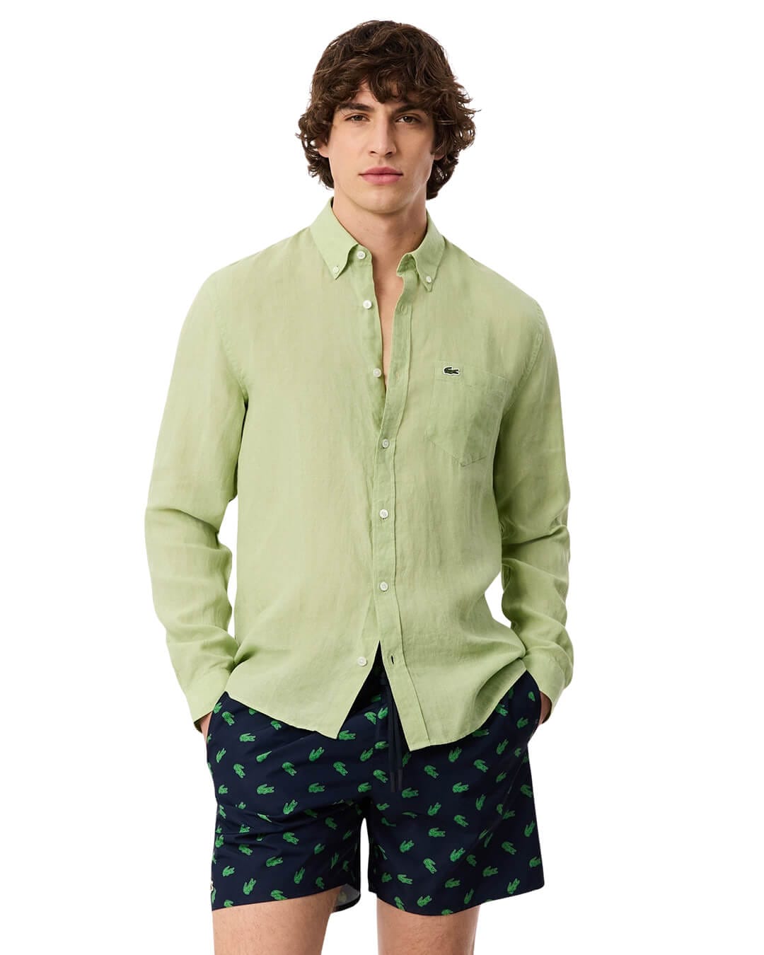 Lacoste Shirts Lacoste Men'S Regular Fit Ls Linen Shirt Green Shirt