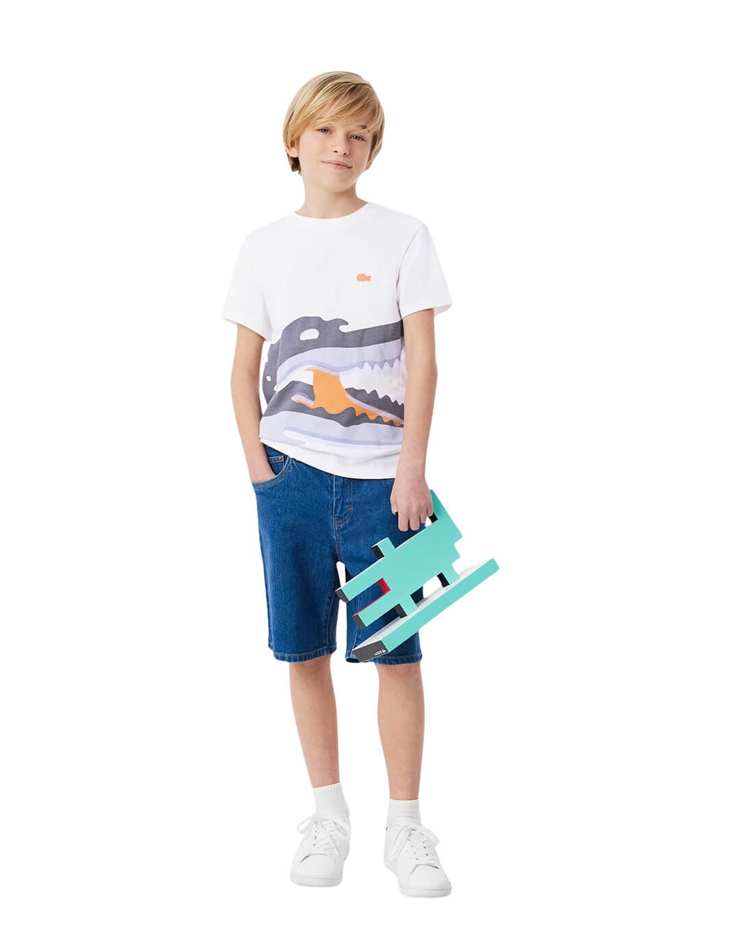 Lacoste T-Shirts Lacoste Boy'S Cotton Watercolor Crocodile T-Shirt White T-Shirt