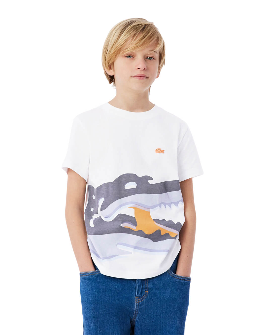 Lacoste T-Shirts Lacoste Boy'S Cotton Watercolor Crocodile T-Shirt White T-Shirt