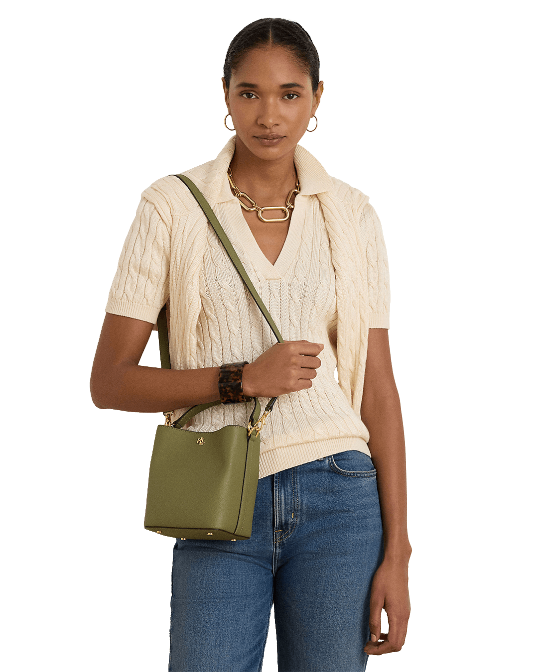 Lauren By Ralph Lauren Bags ONE Lauren by Ralph Lauren Green Crosshatch Small Reese Bucket Bag