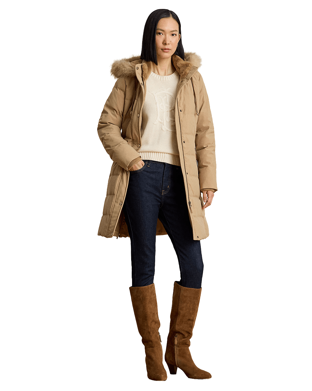 Lauren By Ralph Lauren Coats Lauren by Ralph Lauren Beige Faux-Fur-Trim Hooded Down Coat
