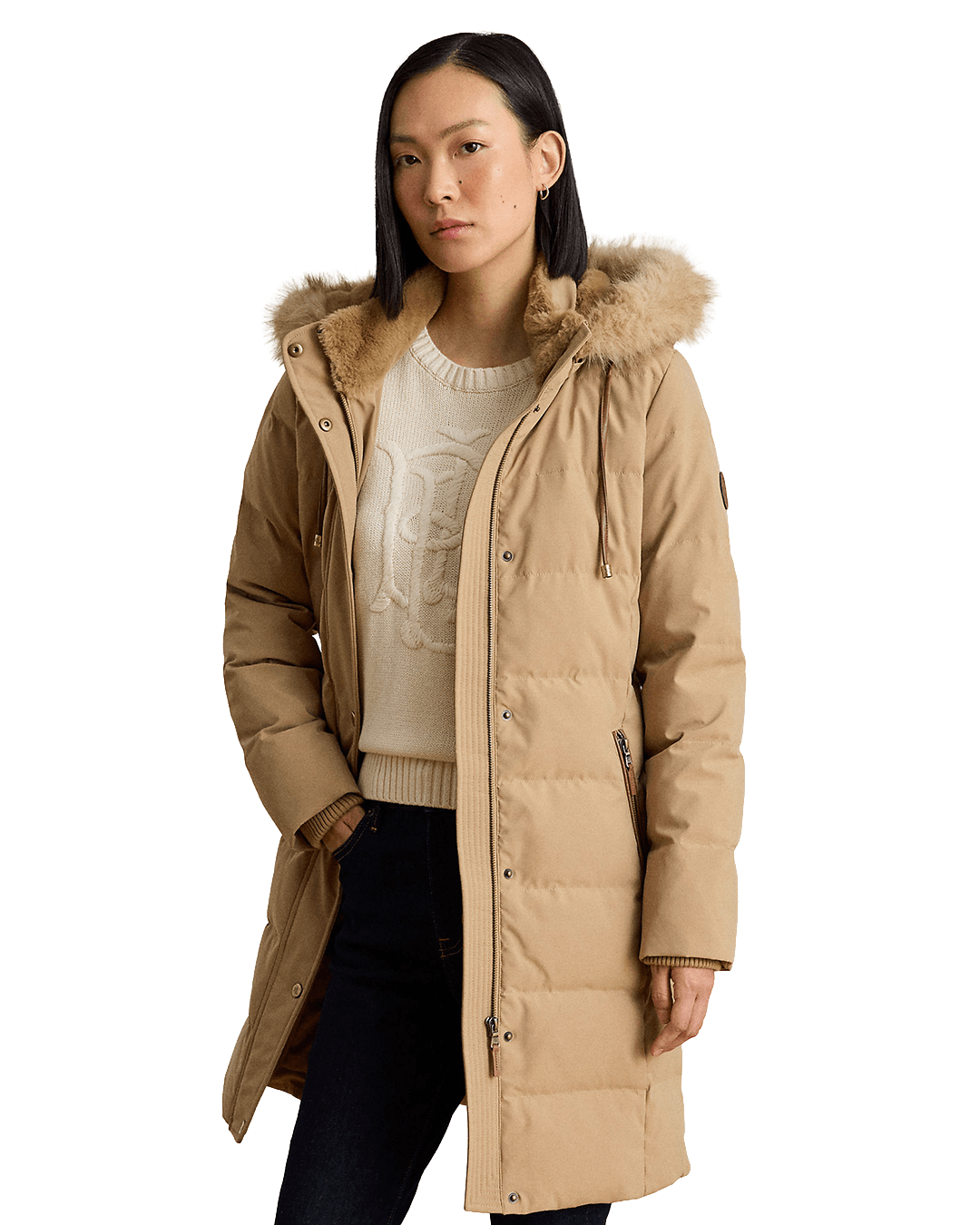 Lauren By Ralph Lauren Coats Lauren by Ralph Lauren Beige Faux-Fur-Trim Hooded Down Coat