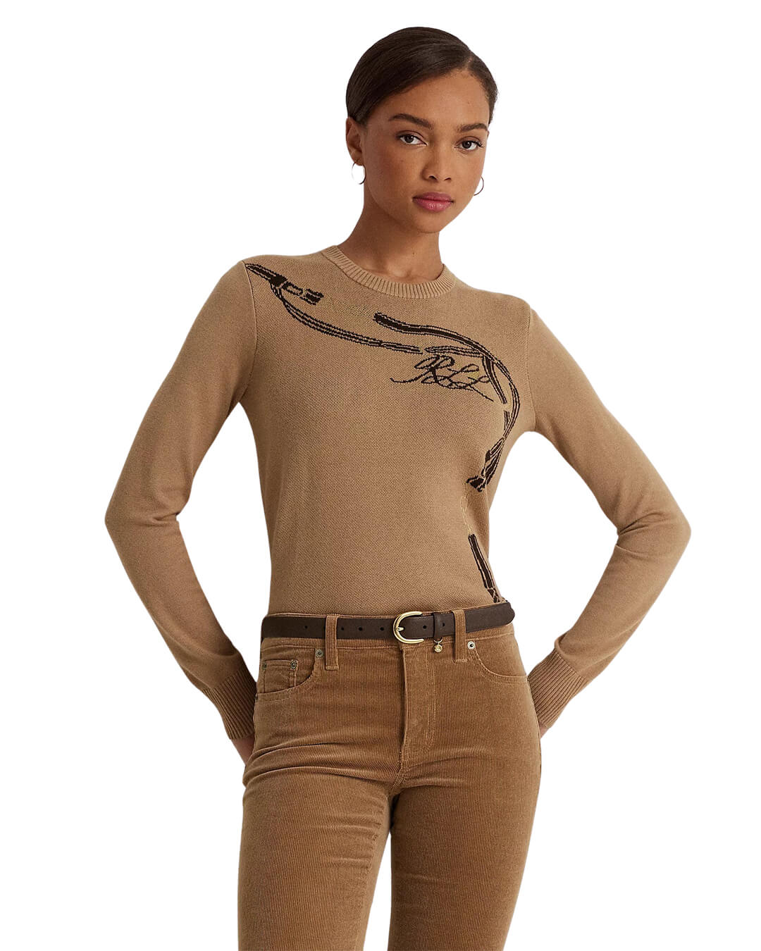 Lauren By Ralph Lauren Jumpers Lauren by Ralph Lauren Camel Belting-Motif Cotton-Blend Sweater
