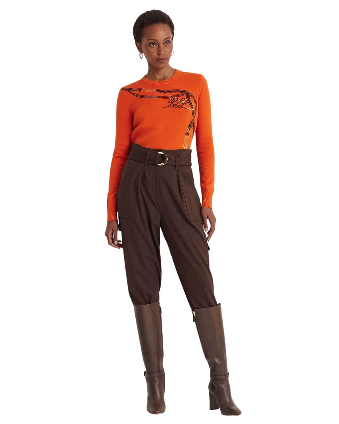 Lauren By Ralph Lauren Jumpers Lauren by Ralph Lauren Orange Belting-Motif Cotton-Blend Sweater