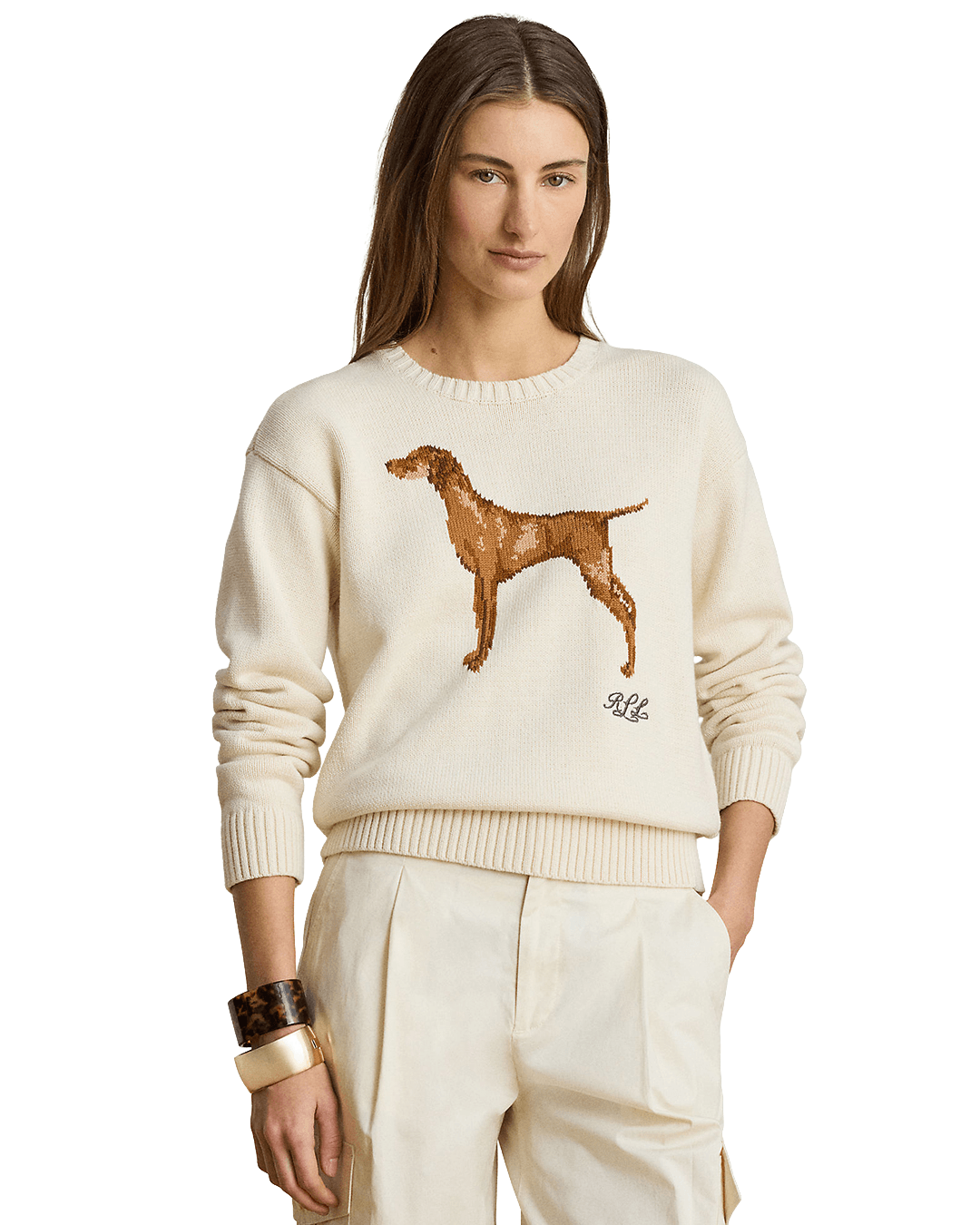 Lauren By Ralph Lauren Jumpers Lauren Cream Lauren Intarsia-Knit Vizsla Cotton Sweater Cream