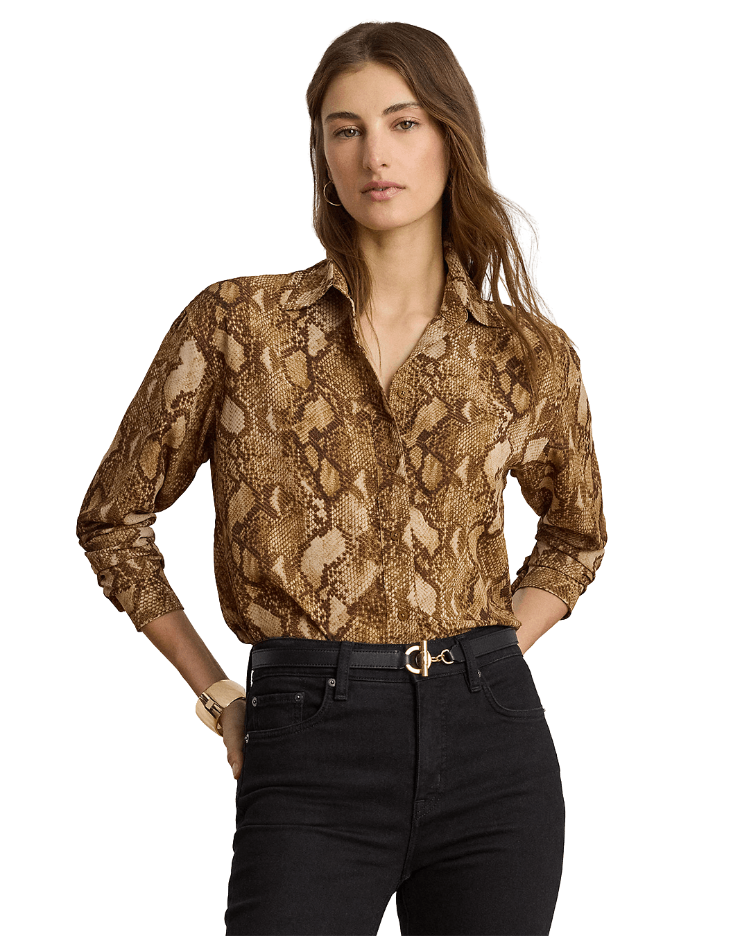 Lauren By Ralph Lauren Shirts Lauren Beige Lauren Relaxed Fit Python-Print Georgette Shirt Beige