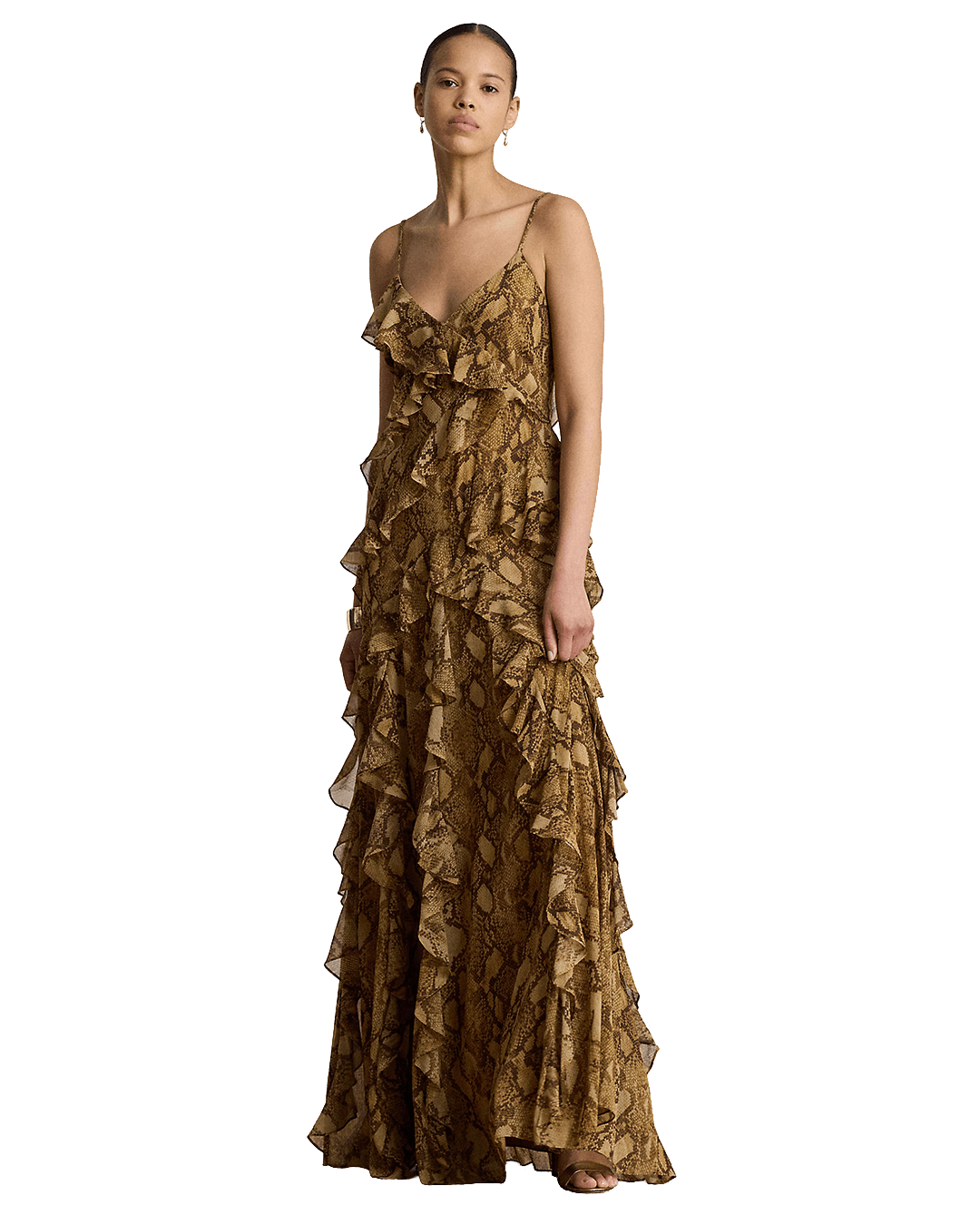 Lauren Dresses Lauren Beige Lauren Python-Print Ruffle-Trim Georgette Gown Beige
