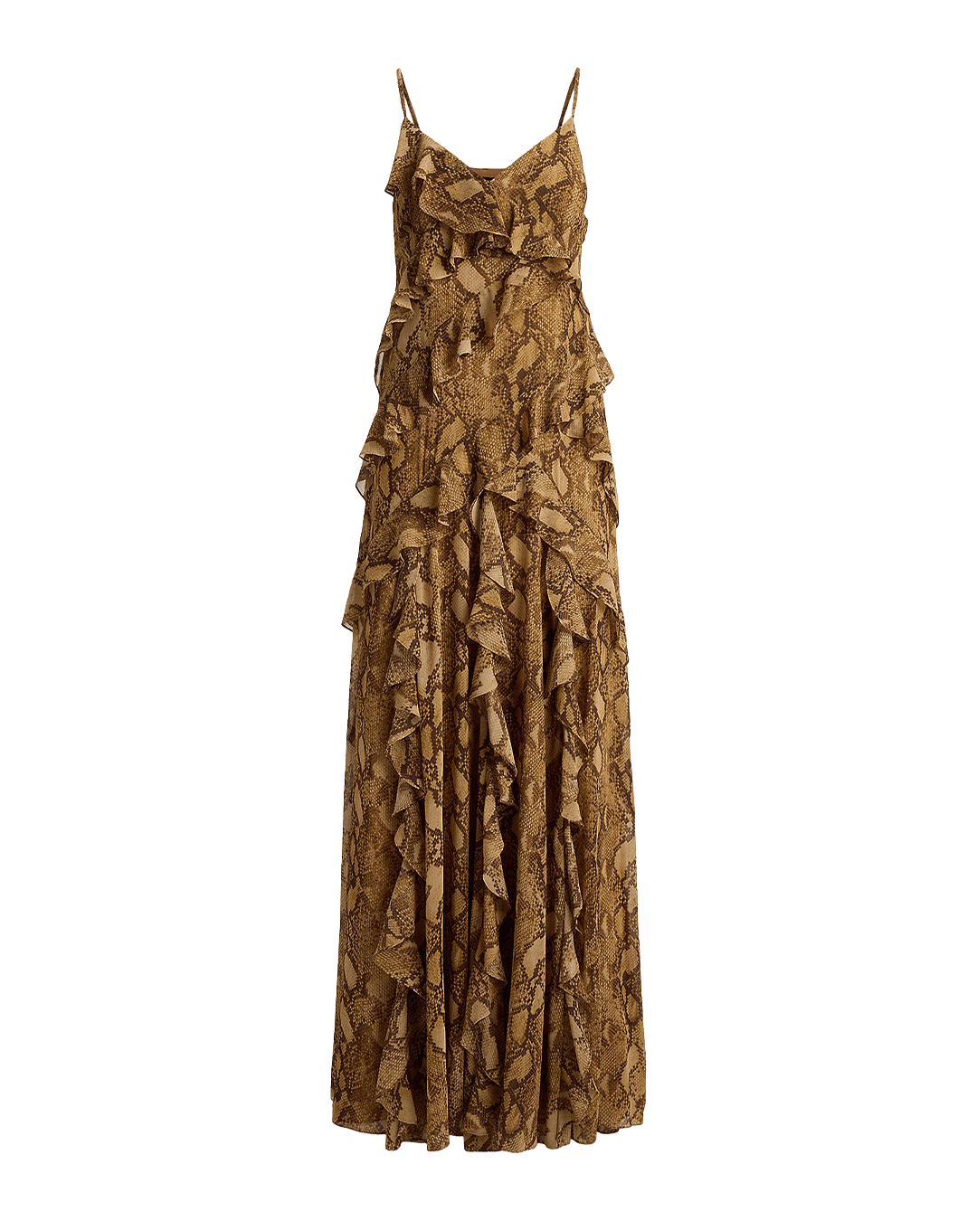 Lauren Dresses Lauren Beige Lauren Python-Print Ruffle-Trim Georgette Gown Beige