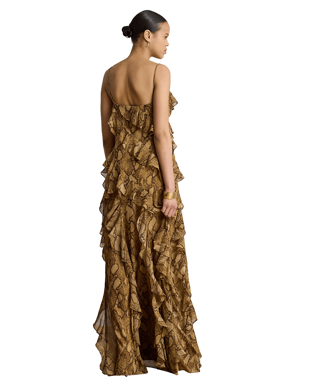 Lauren Dresses Lauren Beige Lauren Python-Print Ruffle-Trim Georgette Gown Beige