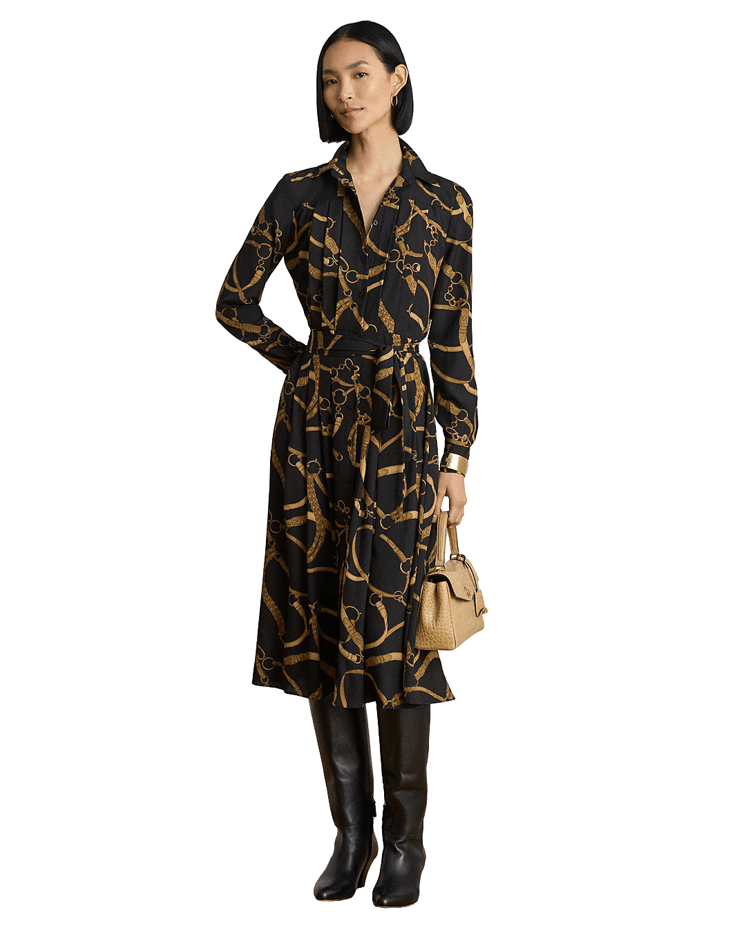 Lauren Dresses Lauren Black Lauren Belting-Print Pleated Shirtdress Black