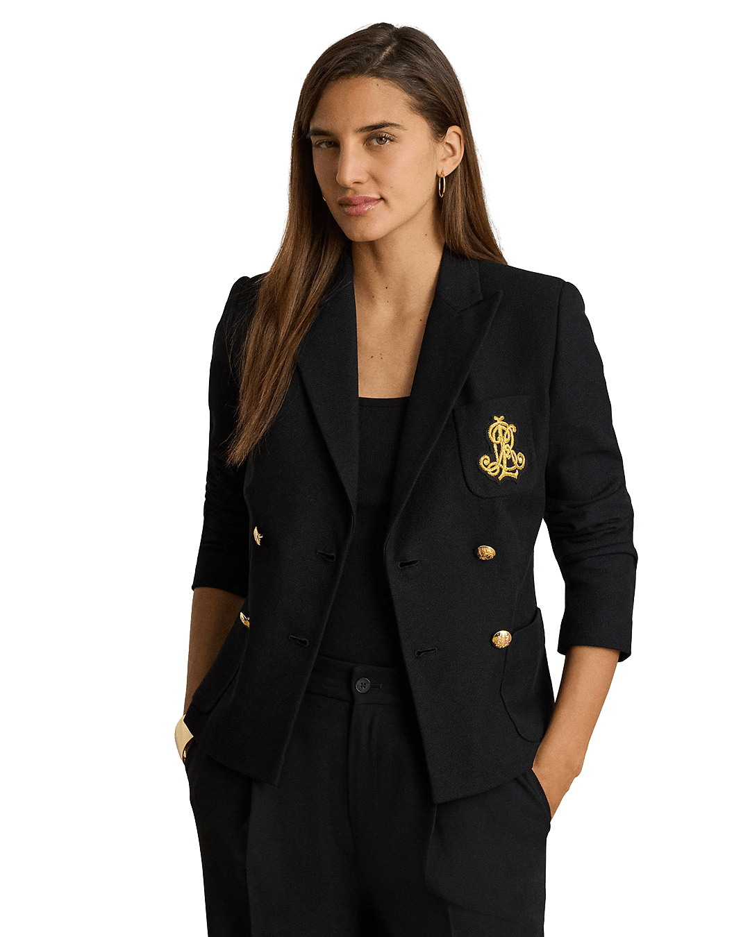 Lauren Jackets Lauren Black Lauren Double-Breasted Stretch Pique Blazer Black
