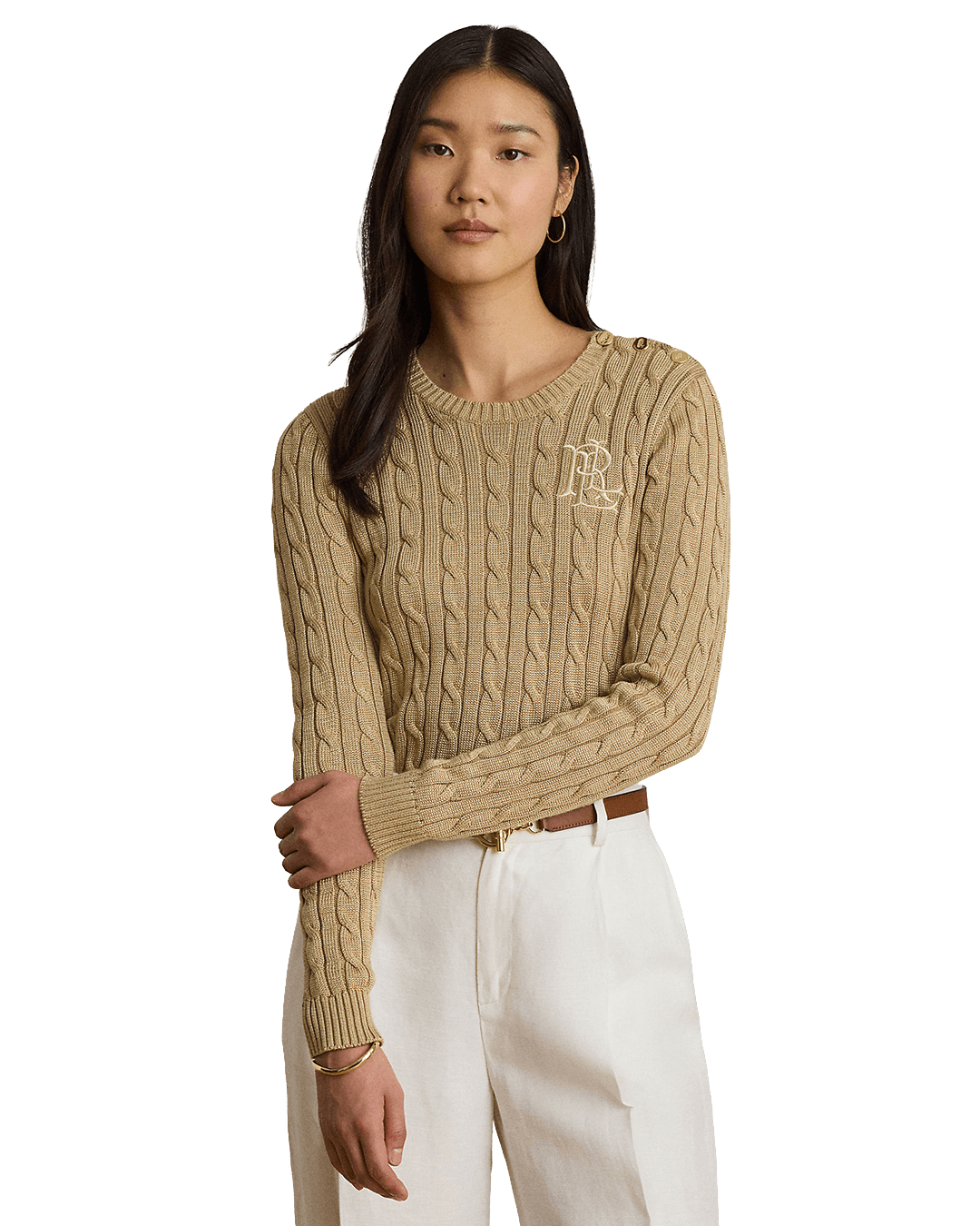 Lauren Jumpers Lauren Beige Lauren Button-Trim Cable-Knit Sweater Beige