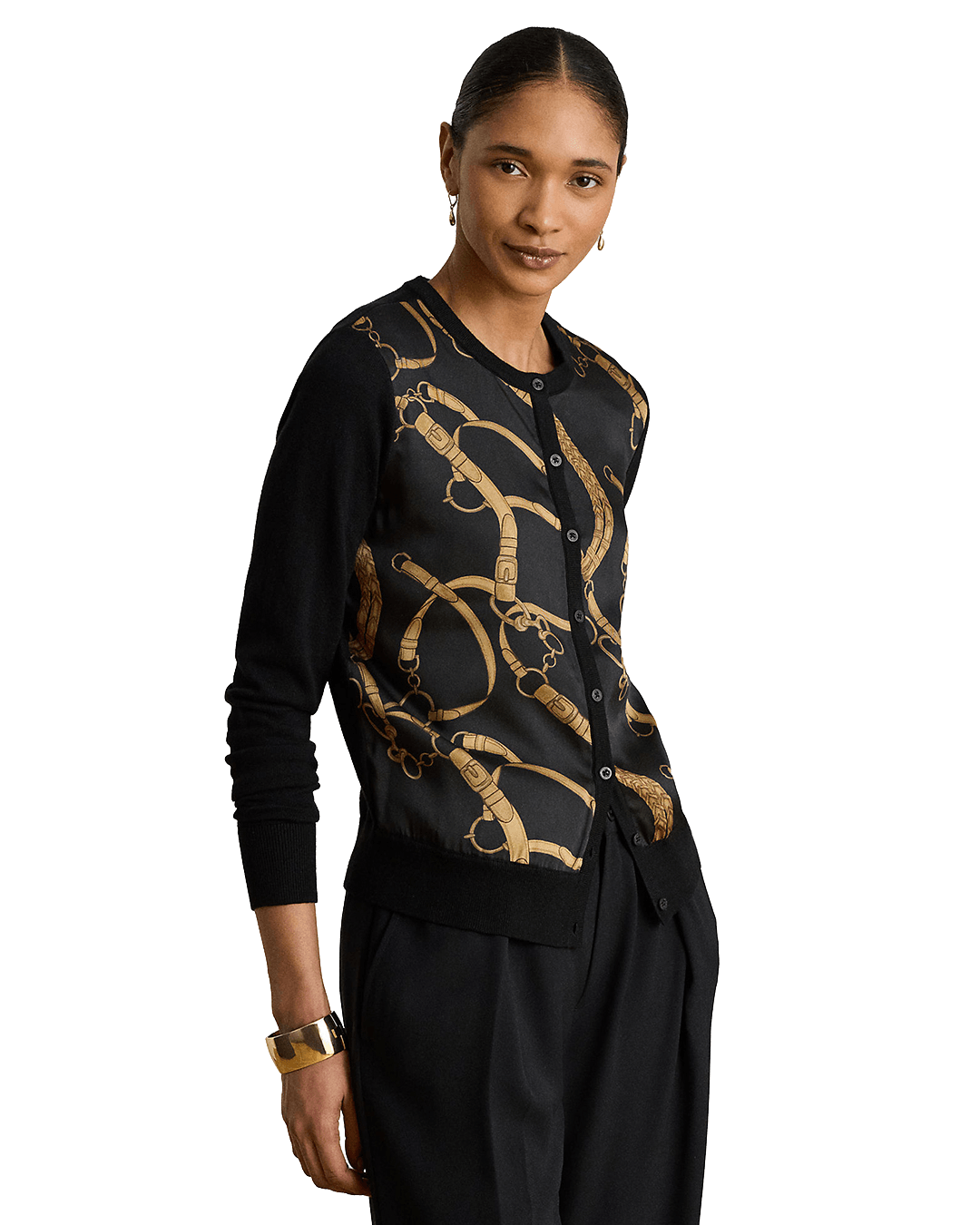 Lauren Jumpers Lauren Black Lauren Belting-Print Cotton-Blend Cardigan Black