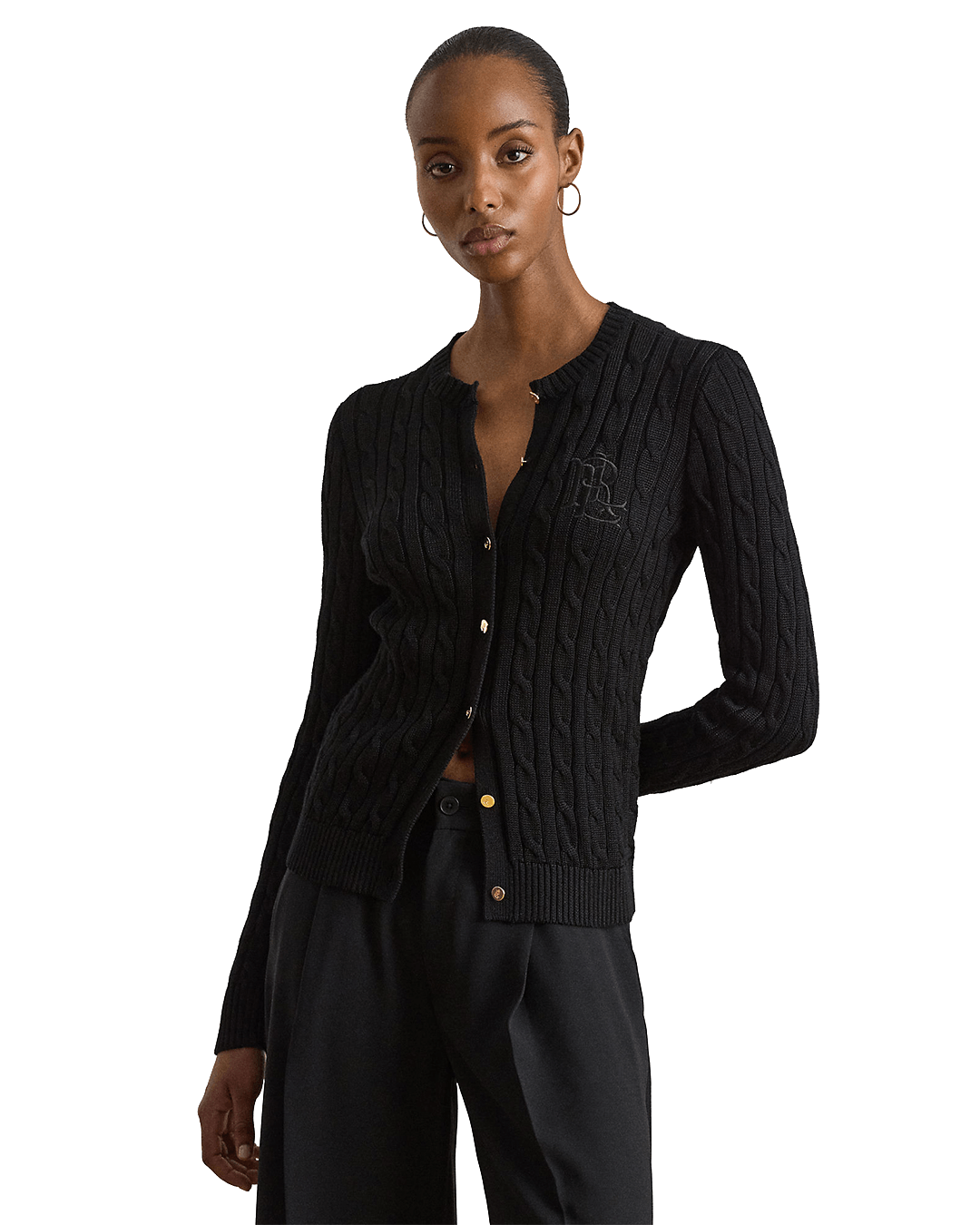 Lauren Jumpers Lauren Black Lauren Cable-Knit Cotton-Blend Cardigan Black