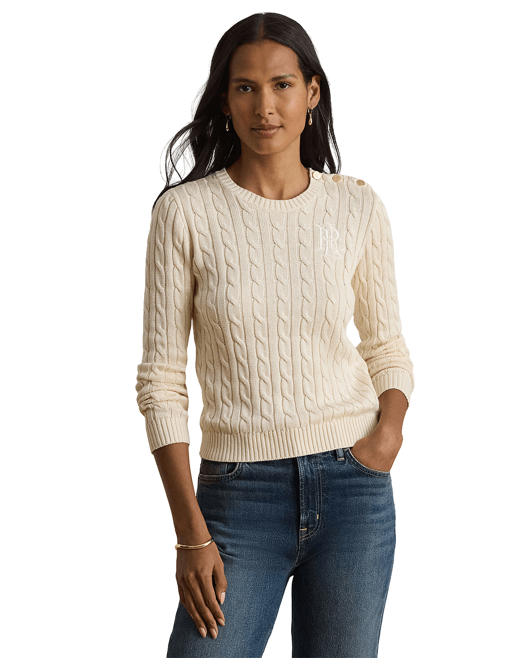 Lauren Jumpers Lauren Cream Lauren Button-Trim Cable-Knit Sweater Cream