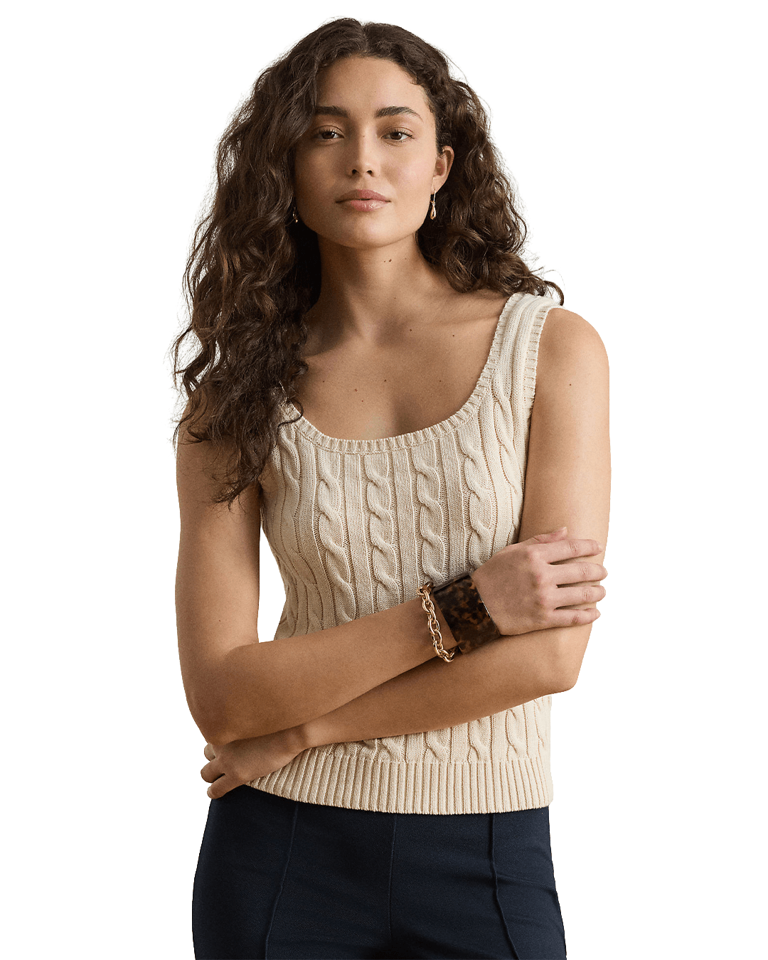 Lauren Jumpers Lauren Cream Lauren Cable Cotton-Blend Sleeveless Sweater Cream