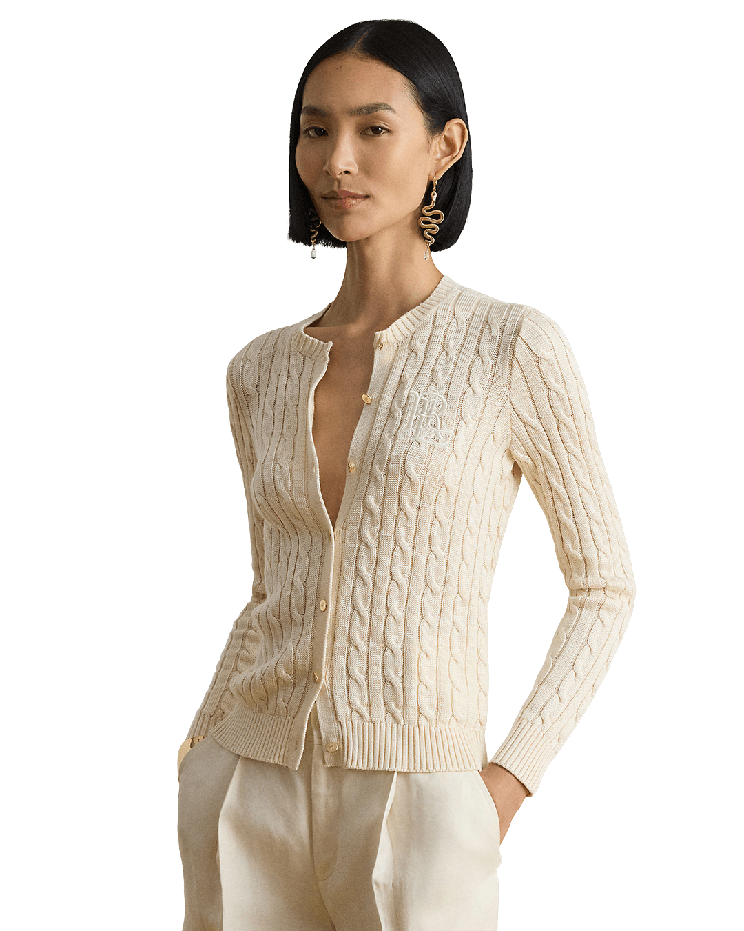 Lauren Jumpers Lauren Cream Lauren Cable-Knit Cotton-Blend Cardigan Cream