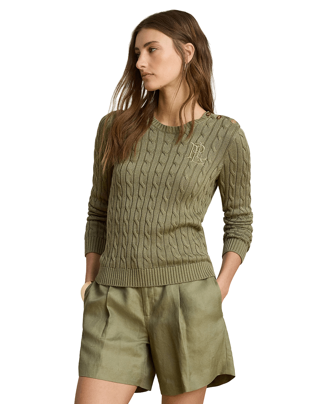 Lauren Jumpers Lauren Green Lauren Button-Trim Cable-Knit Sweater Green