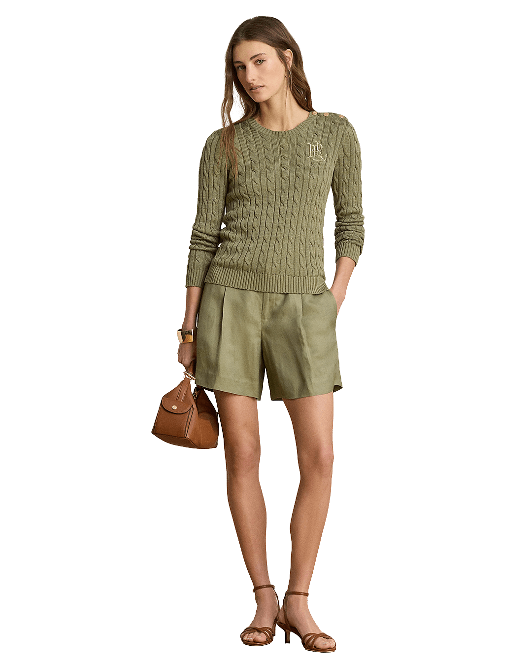 Lauren Jumpers Lauren Green Lauren Button-Trim Cable-Knit Sweater Green