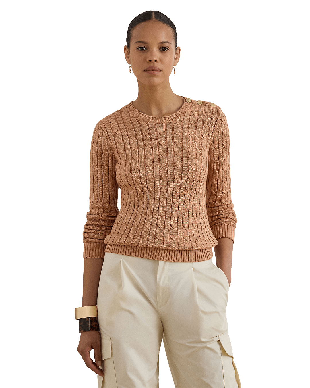 Lauren Jumpers Lauren Pink Lauren Button-Trim Cable-Knit Sweater Pink