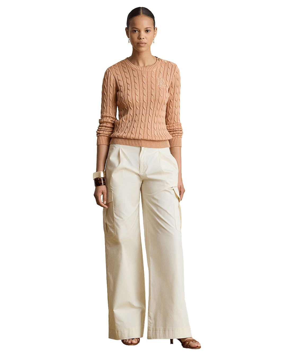 Lauren Jumpers Lauren Pink Lauren Button-Trim Cable-Knit Sweater Pink