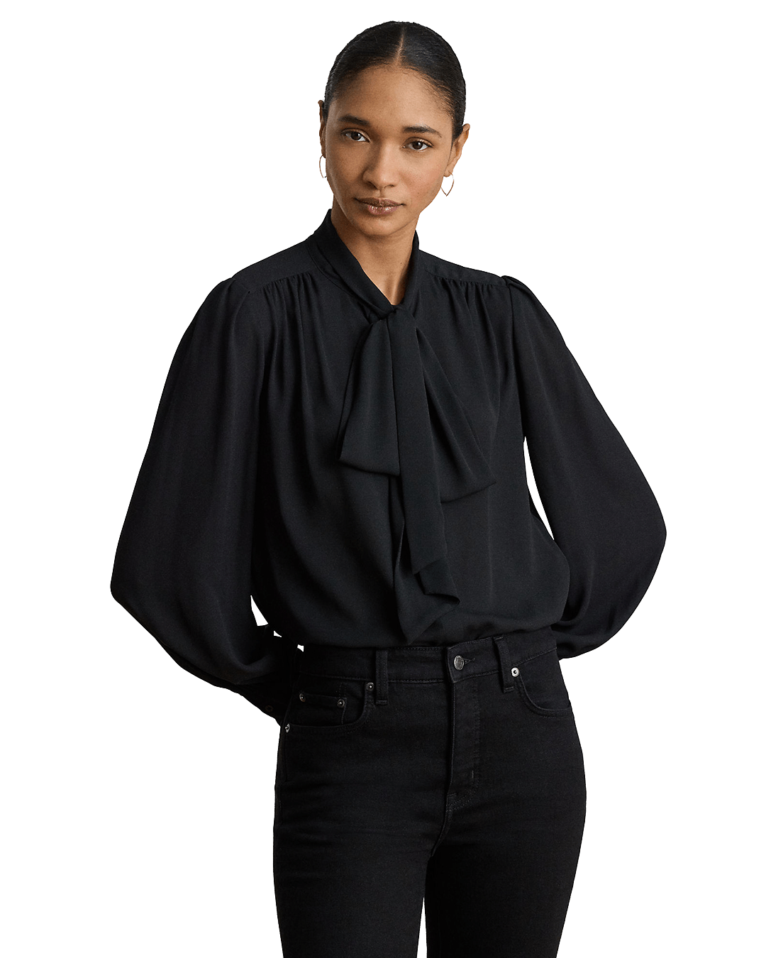 Lauren Shirts Lauren Black Lauren Klaryce Georgette Tie-Neck Blouse Black