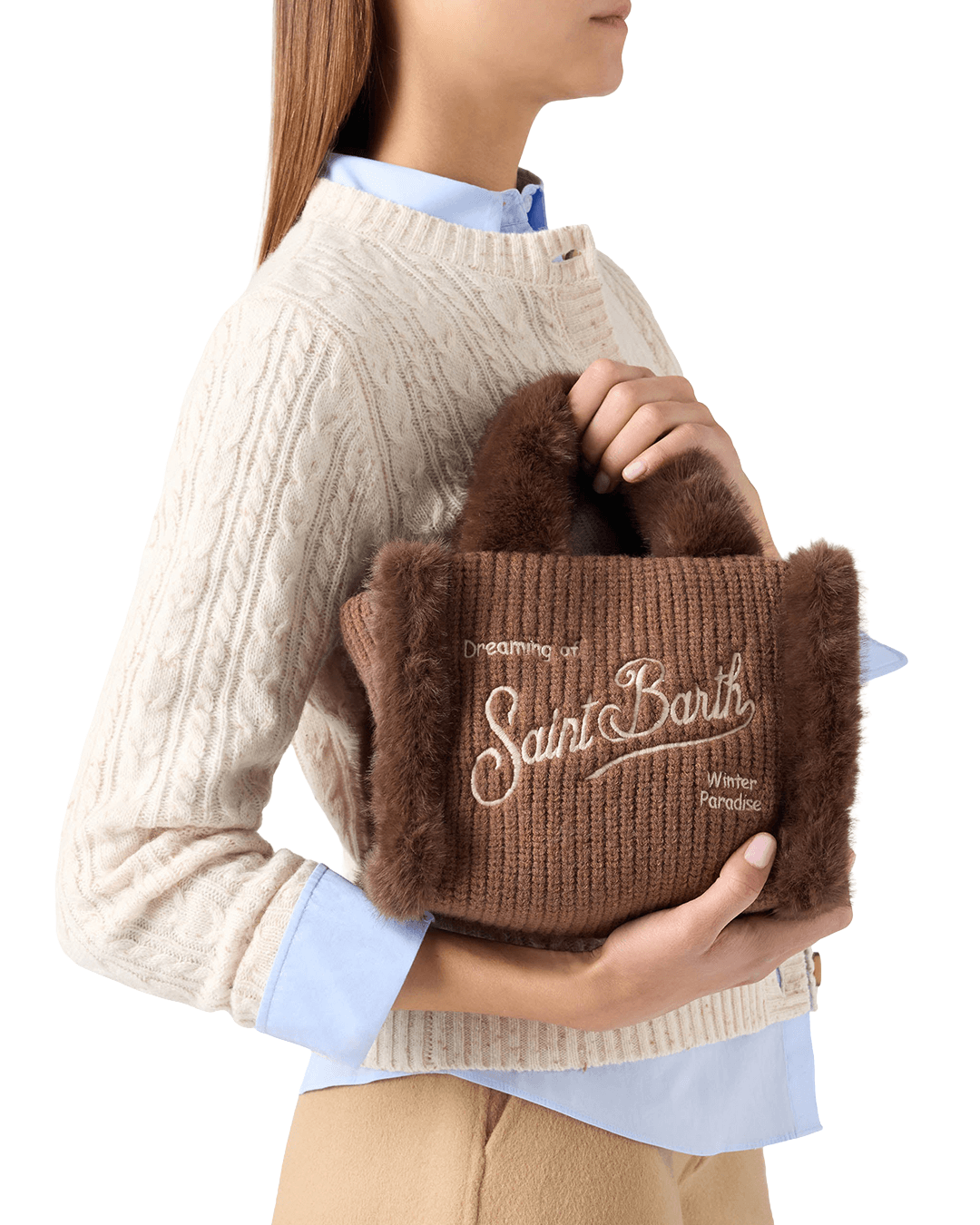 Mc2 Saint Barth Bags ONE MC2 Saint Barth Brown Vanity Mini Shearling Rib Fur Bag with Strap