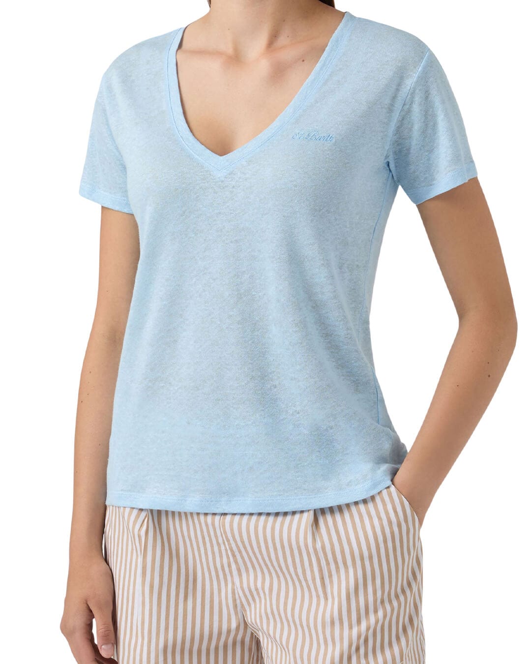 MC2 Saint Barth T-Shirts MC2  Eloise Woman V-neck Linen T-shirt Sb 31 Emb 08679l