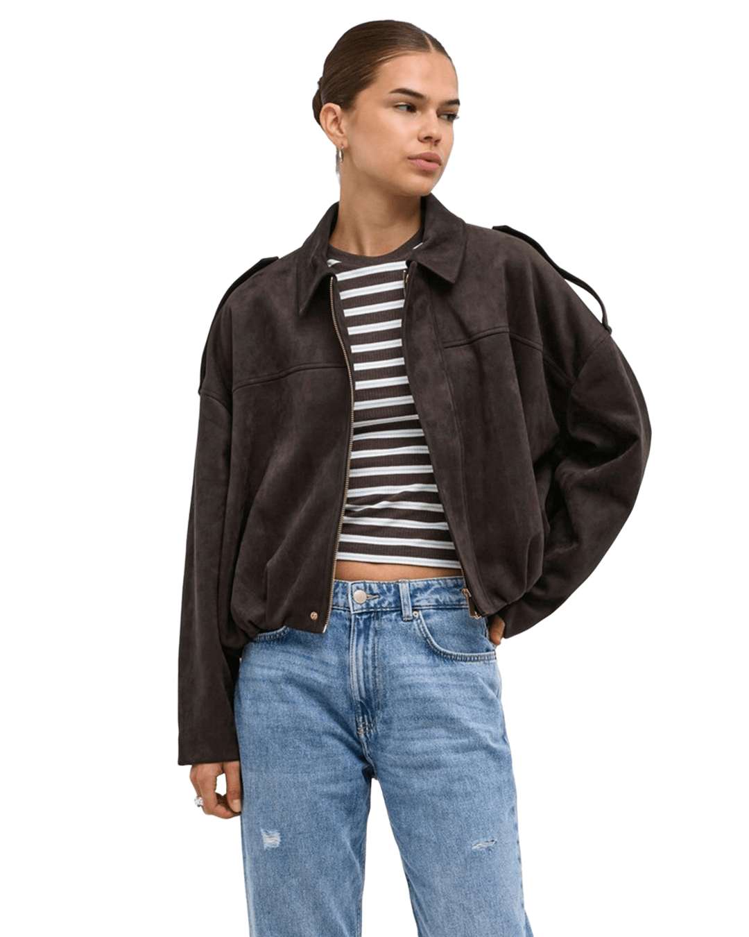 Only Outerwear Only Brown Moon-Stina Faux Suede Bomber Jacket