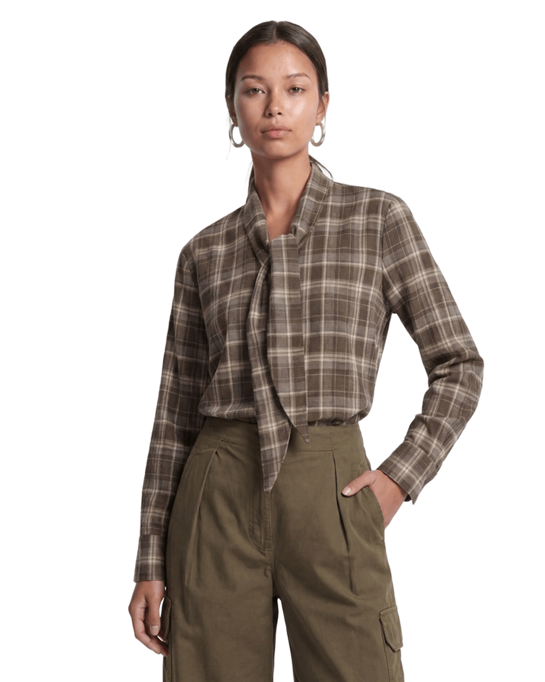 Only Shirts Only Brown Guka Asymmetric Check Tie Shirt