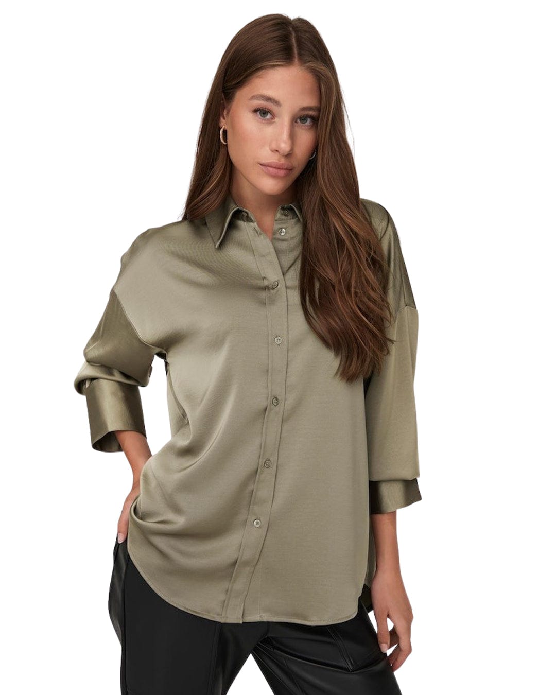 Only Shirts Only Brown Long Sleeved Oversize Satin Shirt