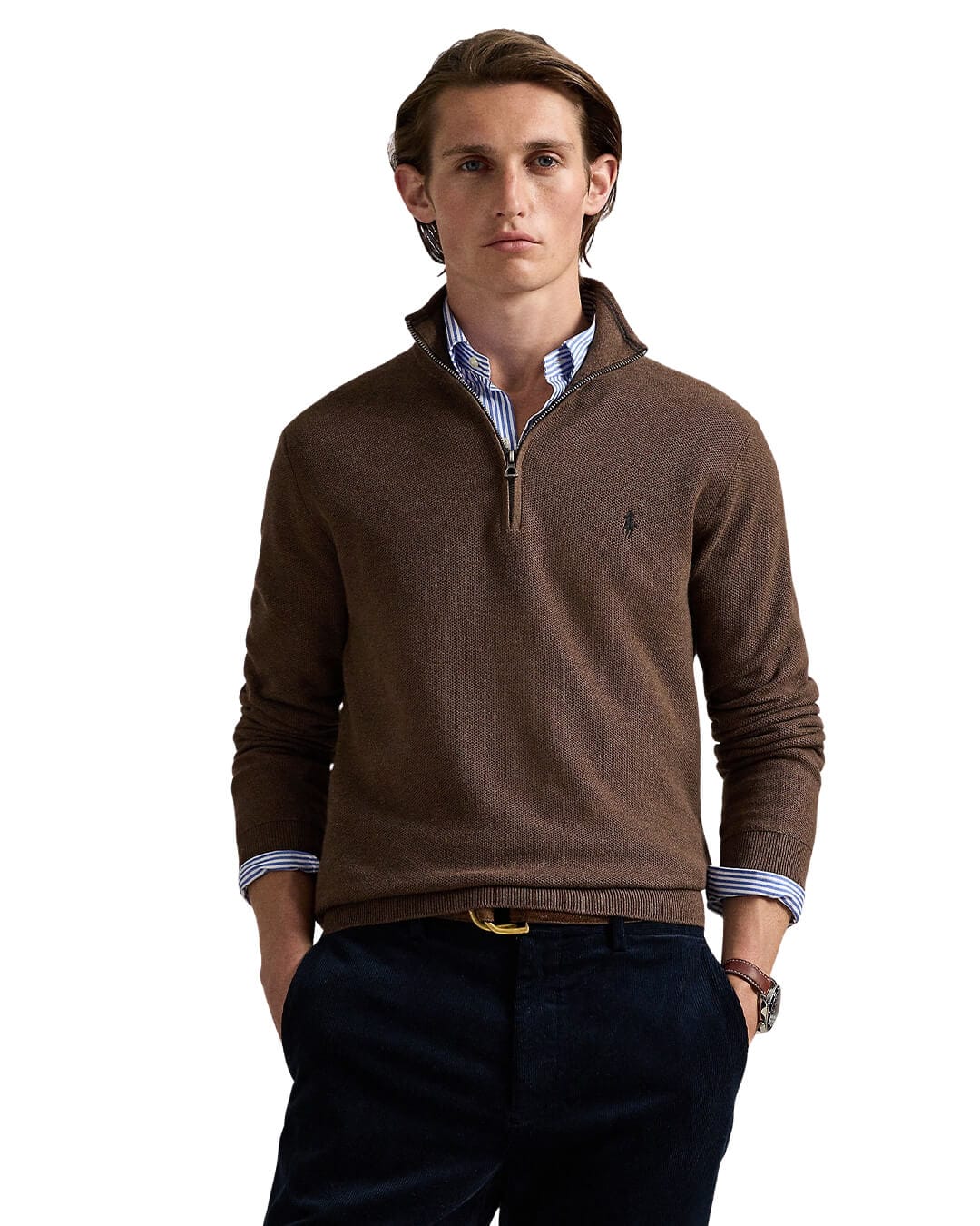 Polo Ralph Lauren Jumpers MESH-KNIT COTTON QUARTER-ZIP SWEATER BROWN