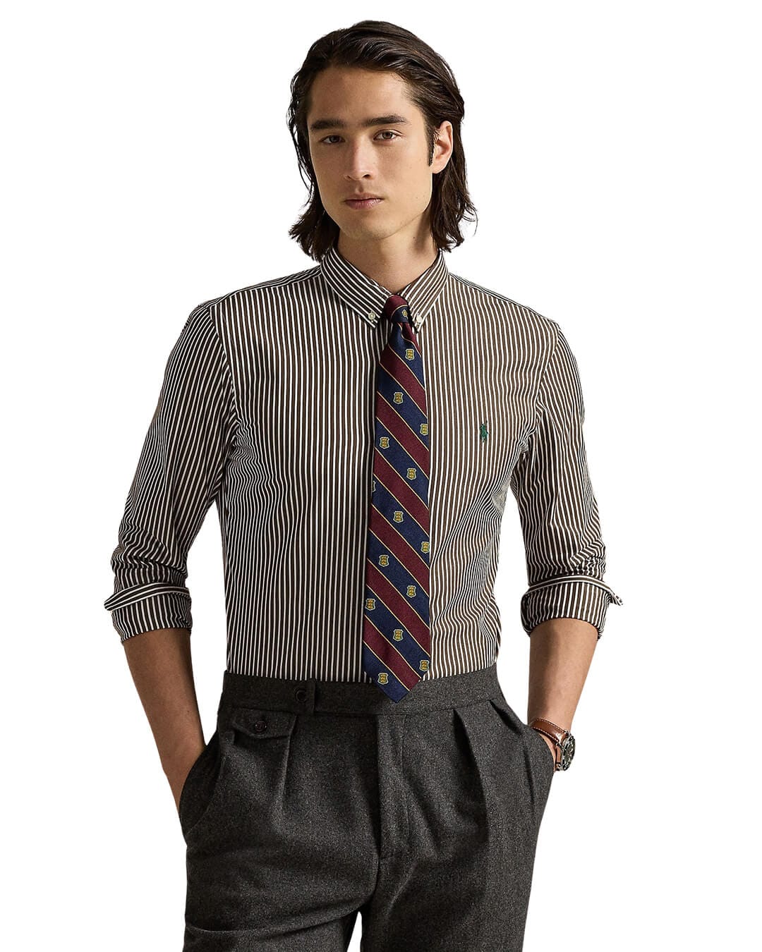 Polo Ralph Lauren Shirts CUSTOM FIT STRIPED STRETCH POPLIN SHIRT BROWN